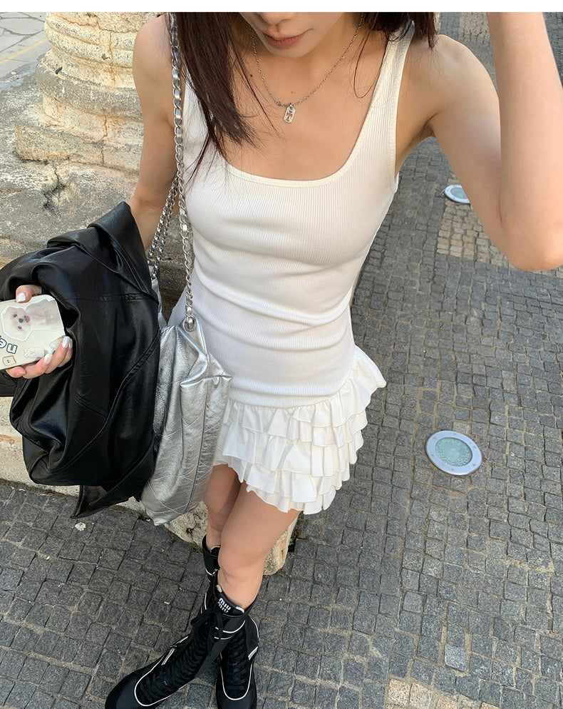 Sun. 舞蹈生 方領拼接花苞顯瘦顯身裙 白