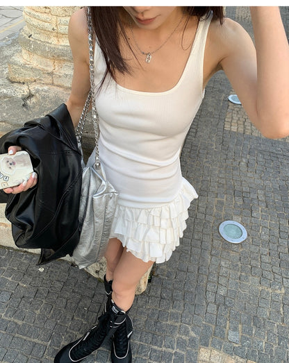 Sun. 舞蹈生 方領拼接花苞顯瘦顯身裙 白