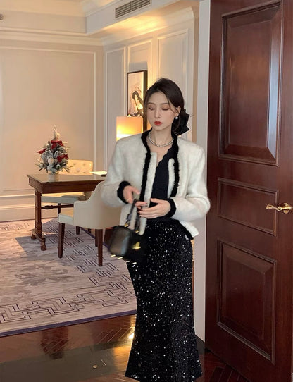 Mon. 復古摩登 百搭亮片半身魚尾裙 黑