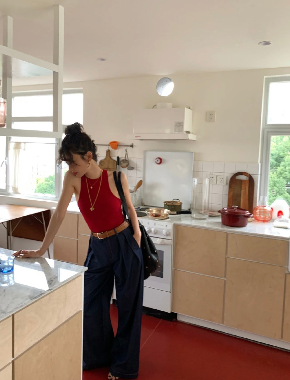 Fri. 光澤仿牛仔藍天絲西裝褲