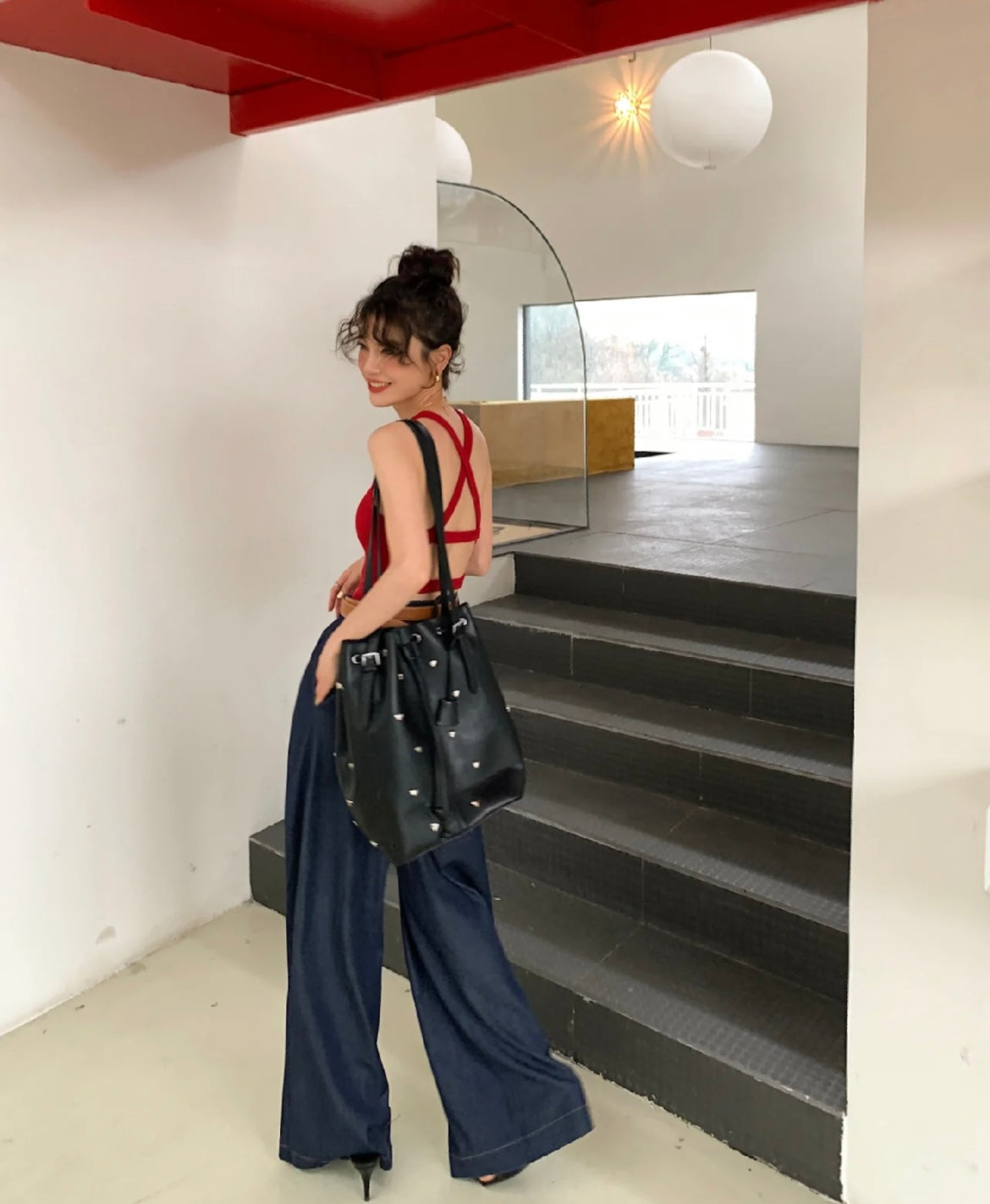 Fri. 光澤仿牛仔藍天絲西裝褲