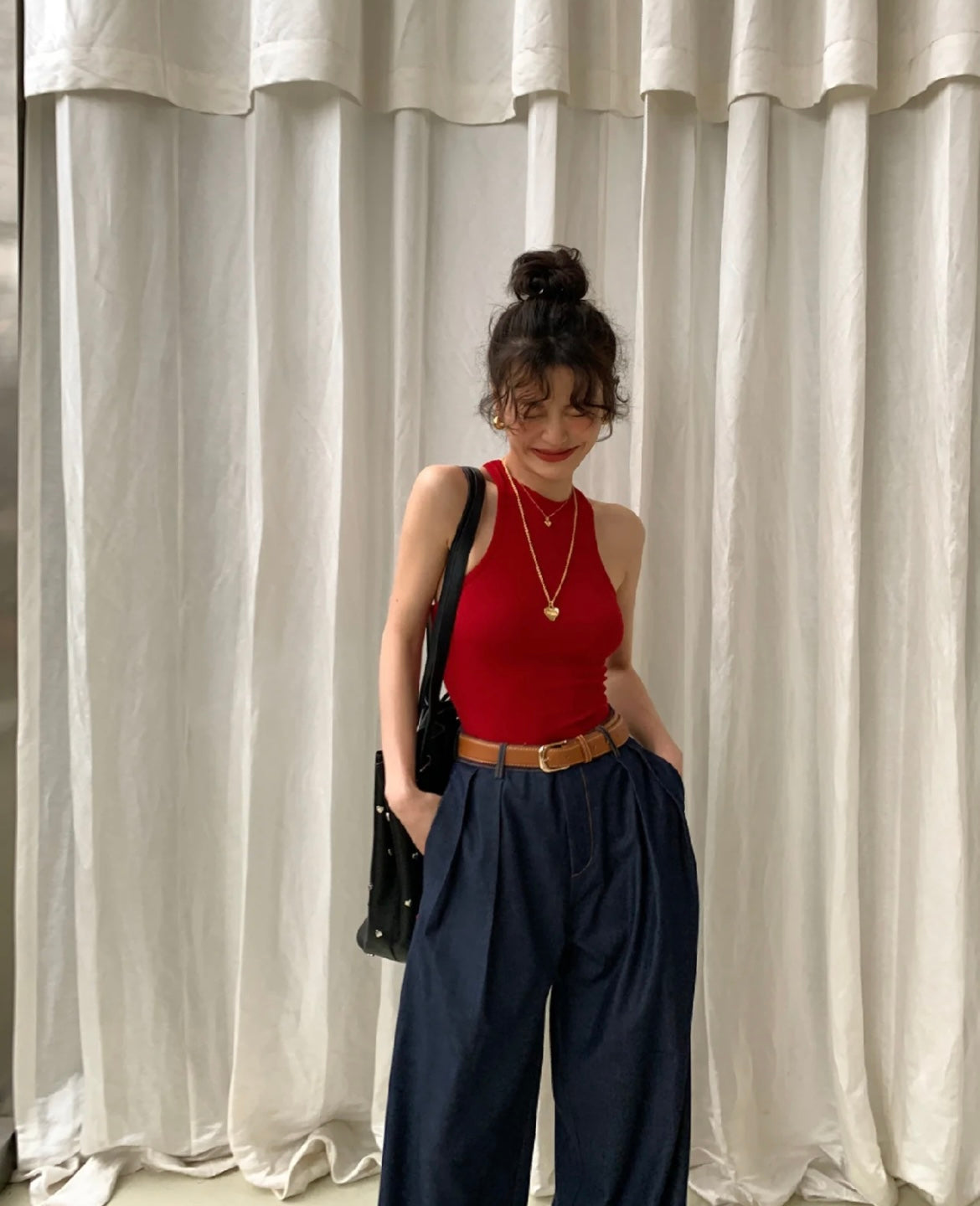 Fri. 光澤仿牛仔藍天絲西裝褲