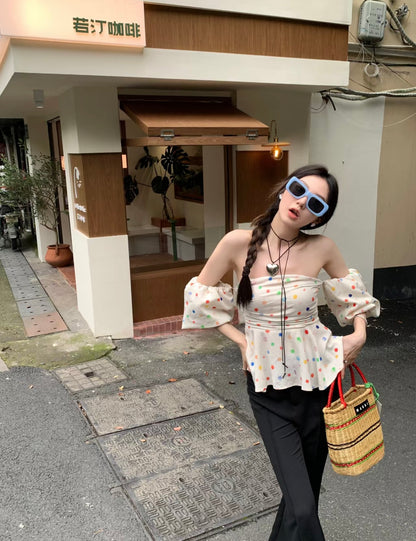 Sat. 泡泡袖彩虹點平口上衣