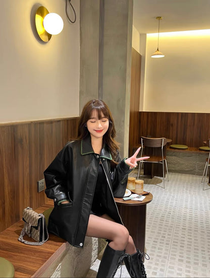 Fri. 甜酷妹 外縫線港風皮外套