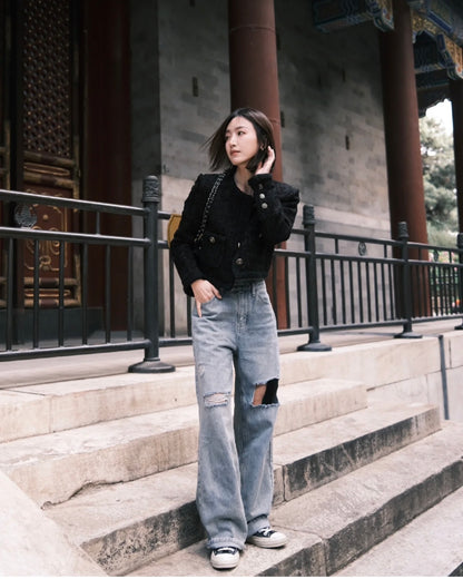 Sun. 經典黑Lady紋理編織感小香外套