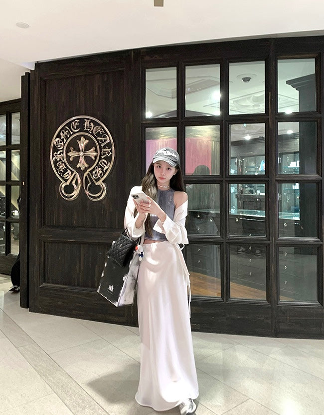 Wed. 人鱼姬流光 仿醋酸質感A字裙 白