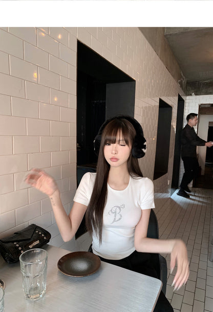Fri. 鑽石天使翅膀 圓領修身百搭上衣 灰/白