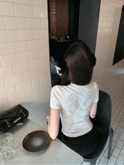 Fri. 鑽石天使翅膀 圓領修身百搭上衣 灰/白