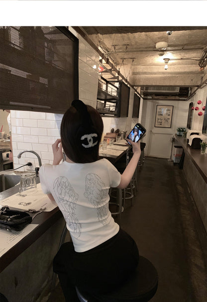 Fri. 鑽石天使翅膀 圓領修身百搭上衣 灰/白