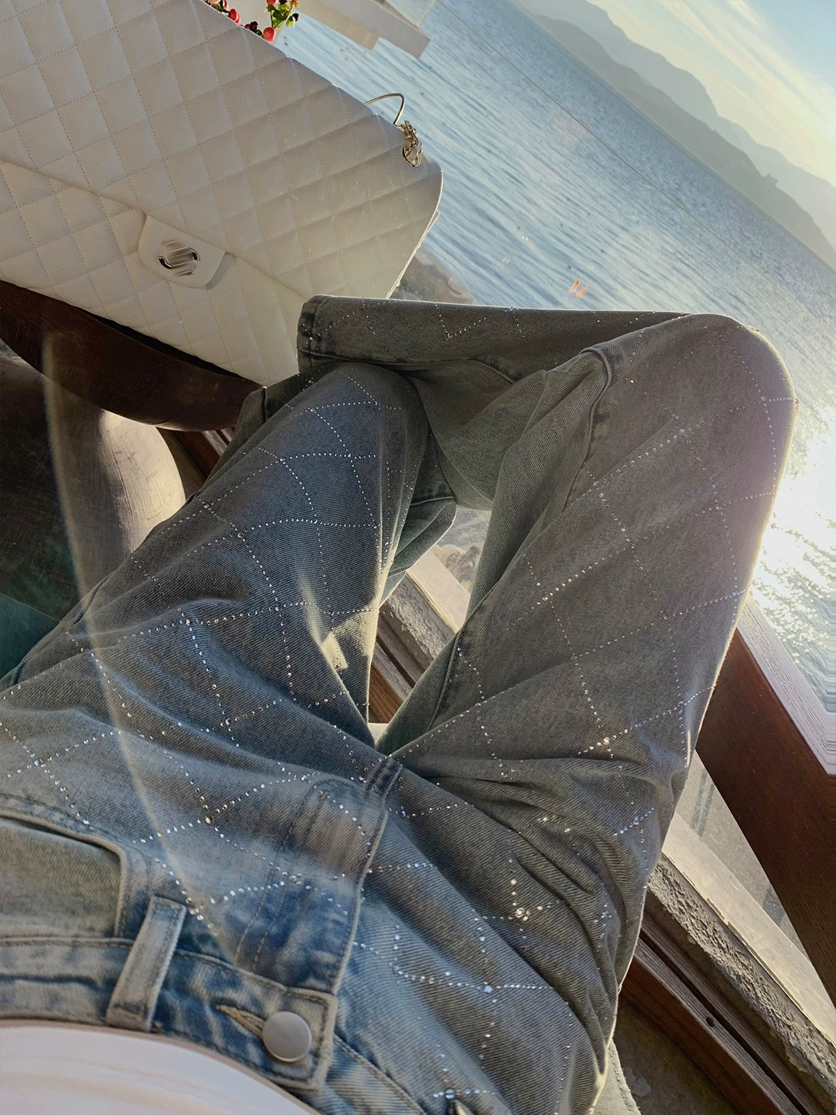 Mon. 海上太陽 高溫菱格燙鑽直筒褲