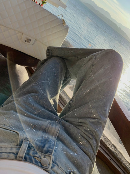 Mon. 海上太陽 高溫菱格燙鑽直筒褲