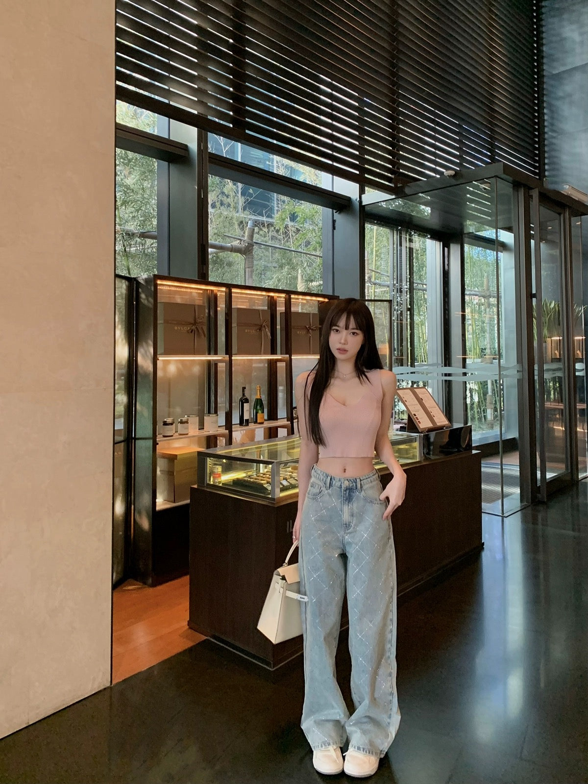 Mon. 海上太陽 高溫菱格燙鑽直筒褲