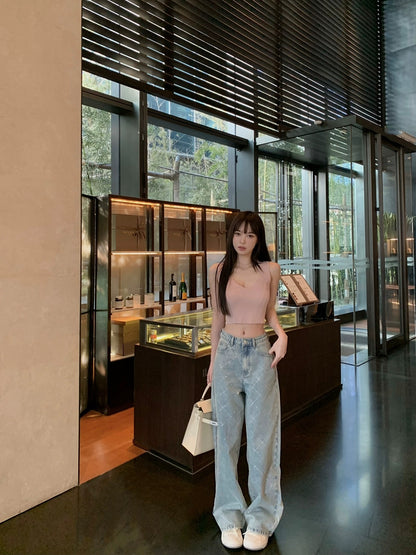 Mon. 海上太陽 高溫菱格燙鑽直筒褲