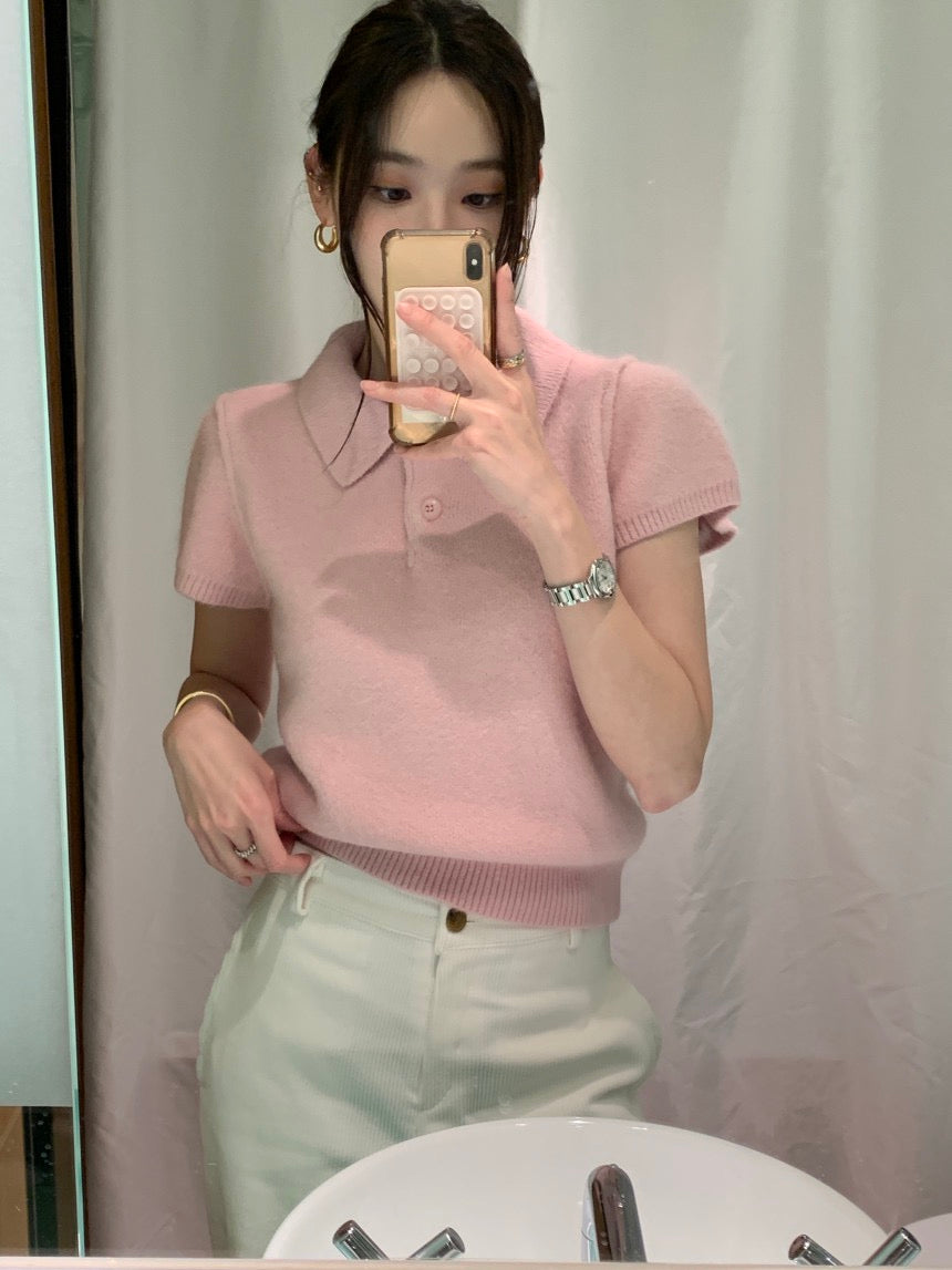 Tue. 個性單排扣polo領小短袖針織上衣 粉