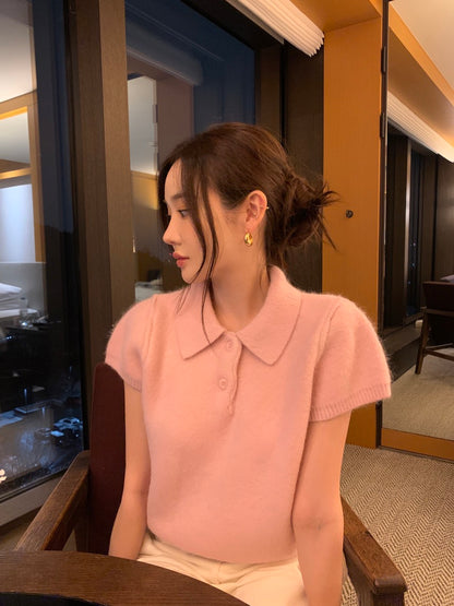 Tue. 個性單排扣polo領小短袖針織上衣 粉
