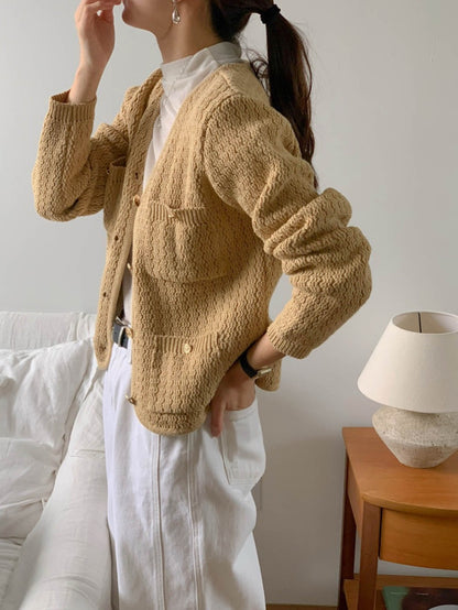 Wed. 氣質通勤單排金釦肌理針織外套 卡其