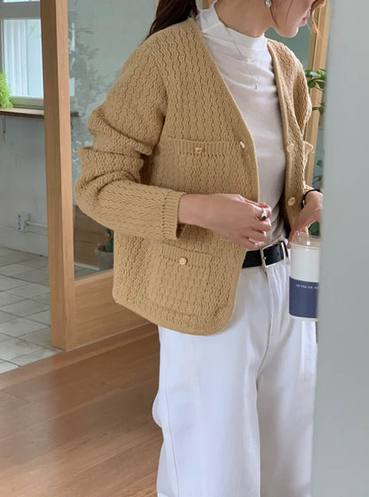 Wed. 氣質通勤單排金釦肌理針織外套 卡其