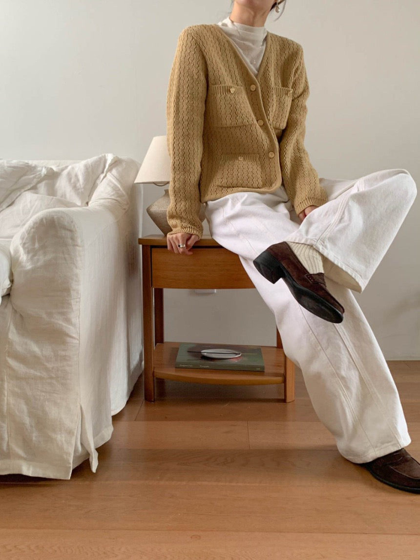 Wed. 氣質通勤單排金釦肌理針織外套 卡其