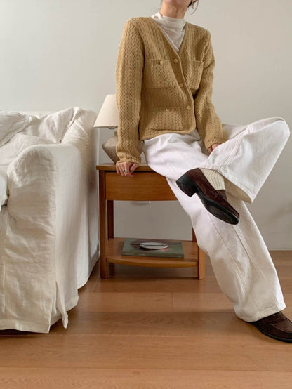 Wed. 氣質通勤單排金釦肌理針織外套 卡其