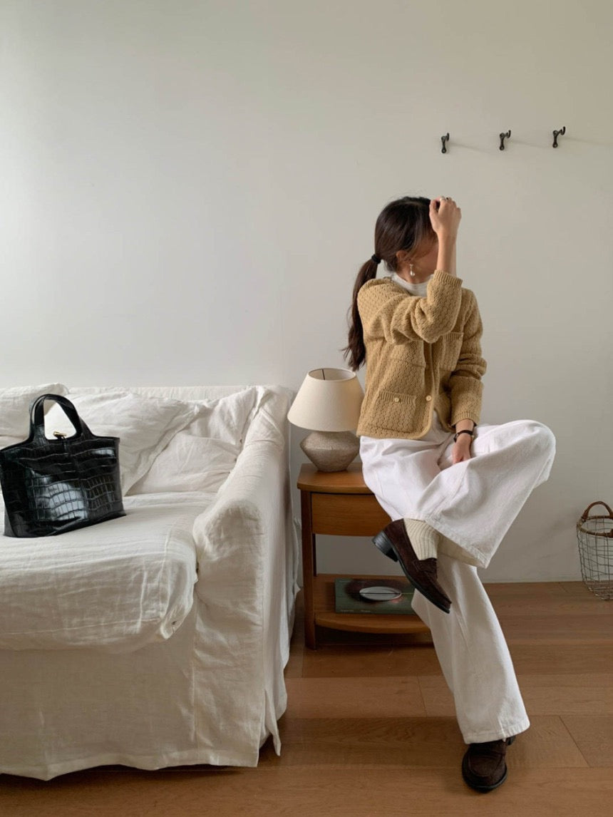 Wed. 氣質通勤單排金釦肌理針織外套 卡其