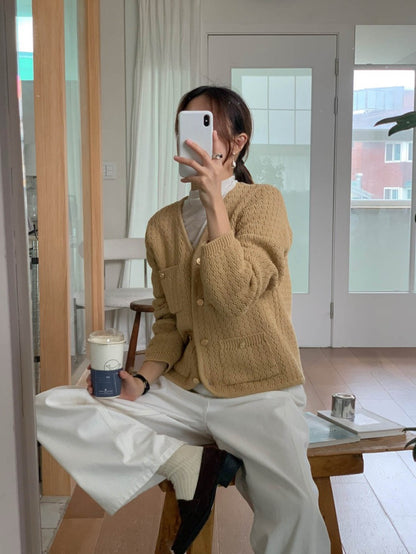 Wed. 氣質通勤單排金釦肌理針織外套 卡其