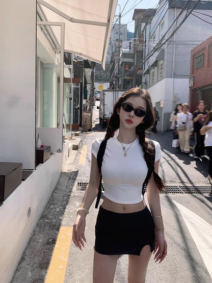 Wed. 甜欲韓模辣妹mini低腰半身裙 正肩顯瘦上衣 粉/白/灰