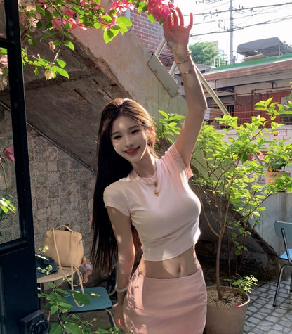 Wed. 甜欲韓模辣妹mini低腰半身裙 正肩顯瘦上衣 粉/白/灰