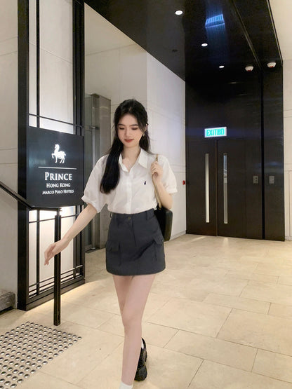 Wed. 港風顯白反折袖襯衫 工裝口袋A字裙