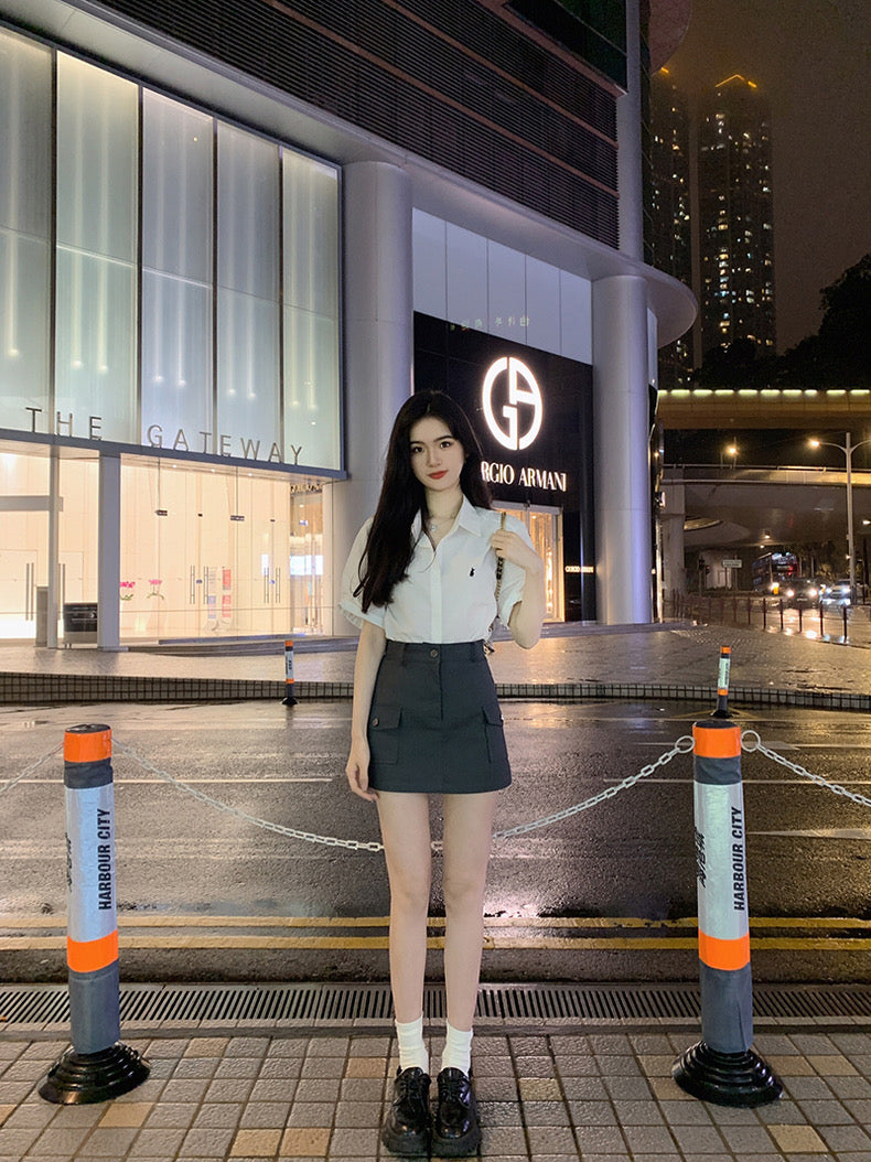 Wed. 港風顯白反折袖襯衫 工裝口袋A字裙