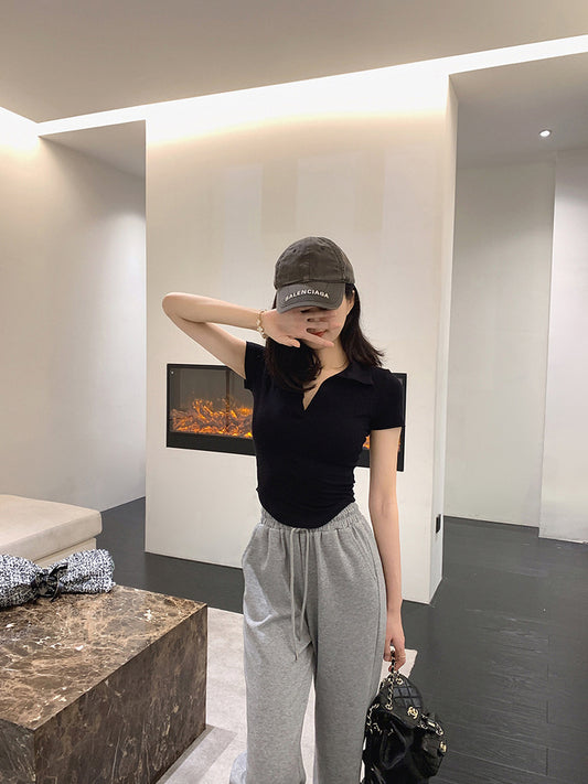 Sun. 自留 修身Polo領u弧上衣 黑