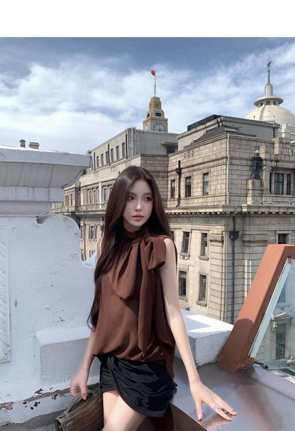 Tue. 清冷感氣質御姐透視感咖色綁帶背心