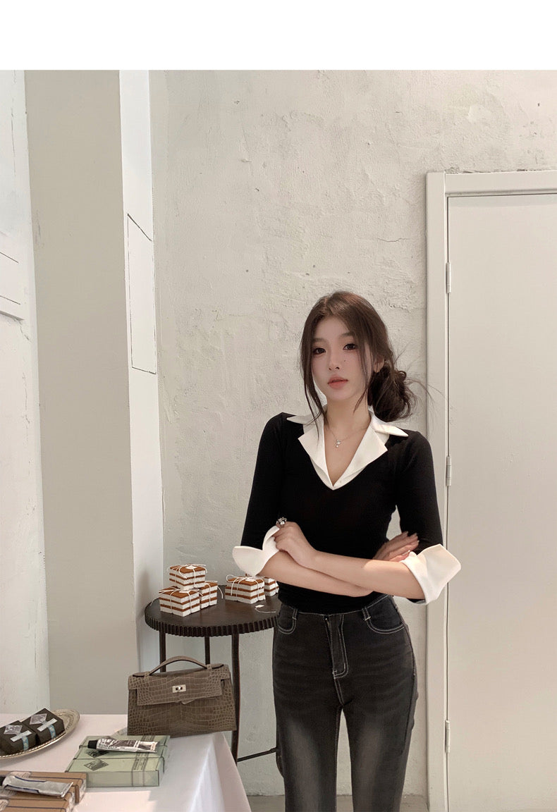 Wed. 韓女心機 襯衫領拼色假兩件式上衣