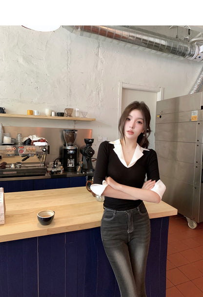 Wed. 韓女心機 襯衫領拼色假兩件式上衣