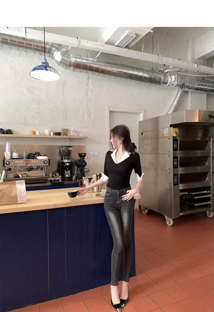 Wed. 韓女心機 襯衫領拼色假兩件式上衣