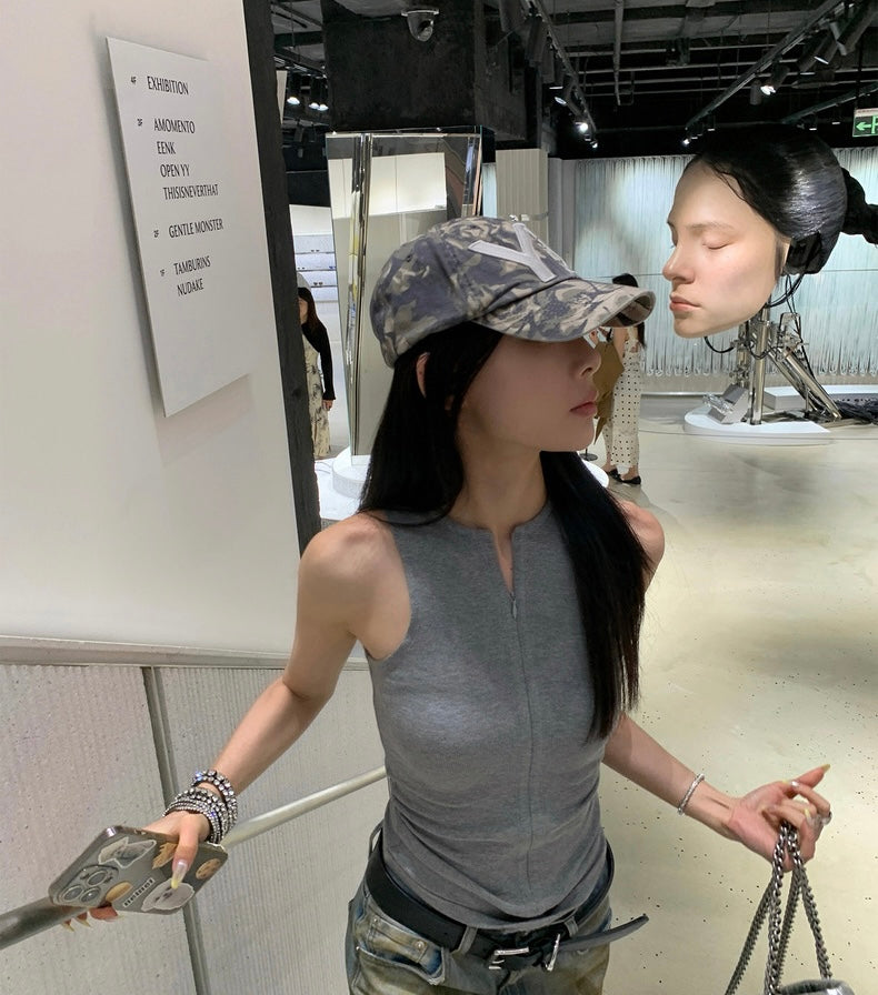 Wed. 百搭圓領拉鍊修身背心 灰/卡其