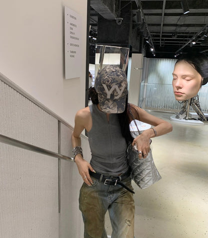 Wed. 百搭圓領拉鍊修身背心 灰/卡其