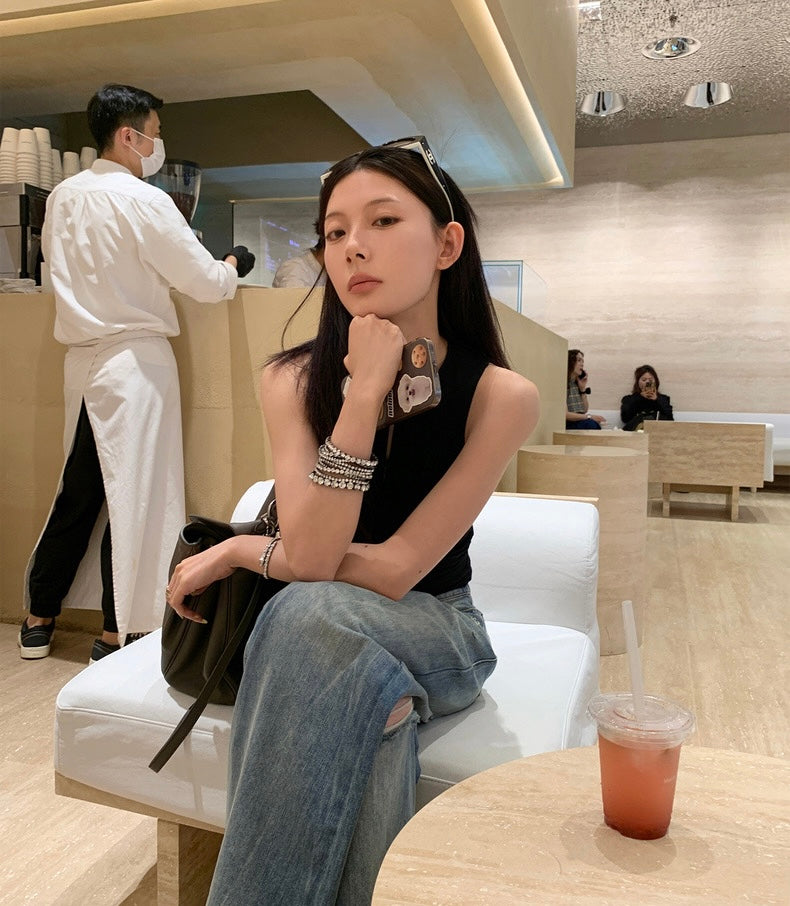 Wed. 百搭圓領拉鍊修身背心 黑