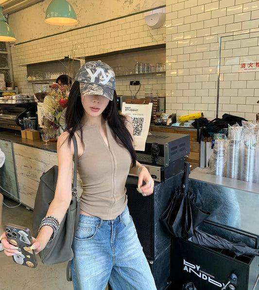 Wed. 百搭圓領拉鍊修身背心 灰/卡其