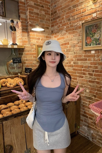 Mon. U領螺紋圓弧背心 霧霾藍