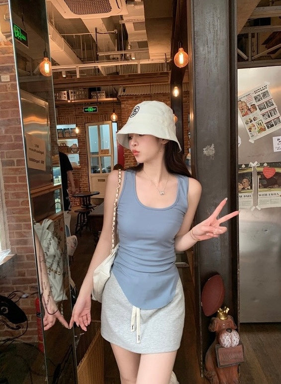 Mon. U領螺紋圓弧背心 霧霾藍