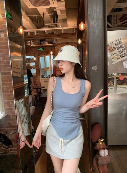 Mon. U領螺紋圓弧背心 霧霾藍