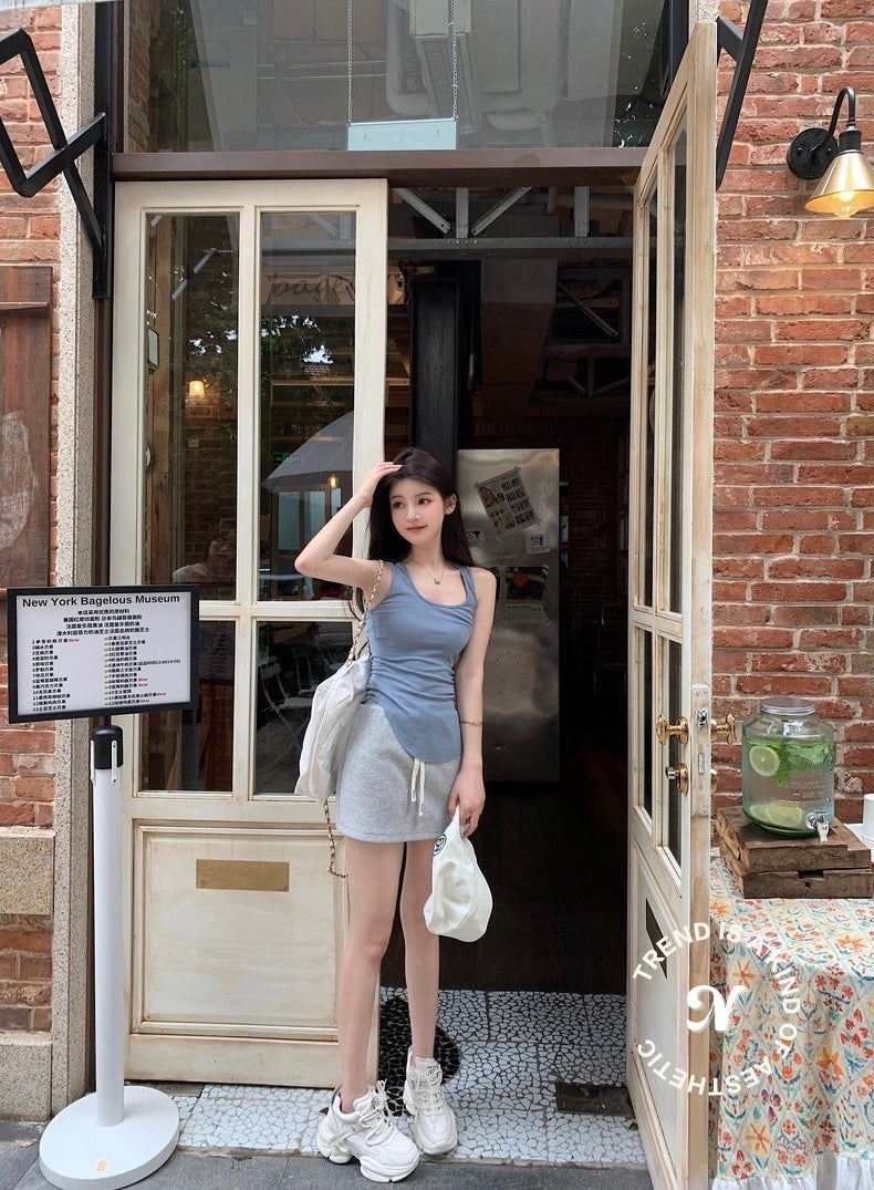 Mon. U領螺紋圓弧背心 霧霾藍