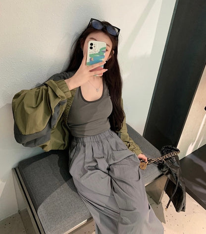 Mon. U領螺紋圓弧背心 灰