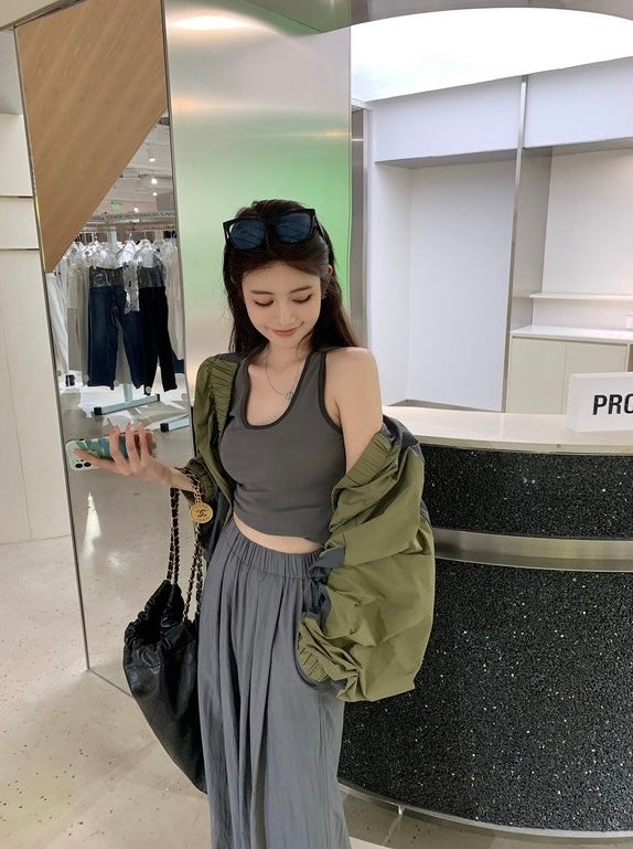 Mon. U領螺紋圓弧背心 灰