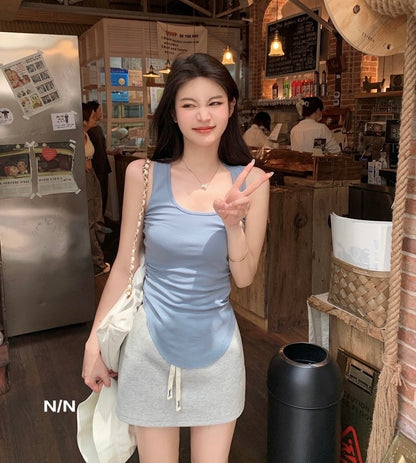 Mon. U領螺紋圓弧背心 霧霾藍