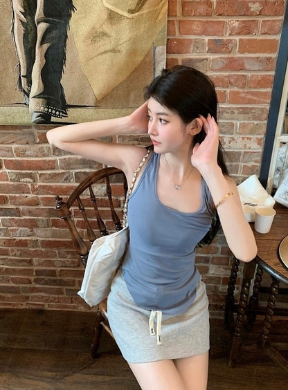 Mon. U領螺紋圓弧背心 霧霾藍