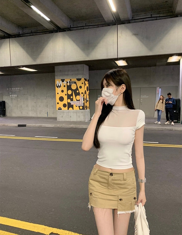 Wed. 透視微高領拼接上衣 白