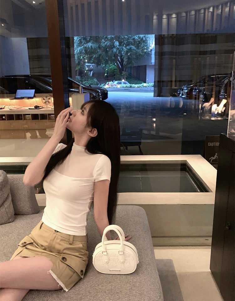 Wed. 透視微高領拼接上衣 白