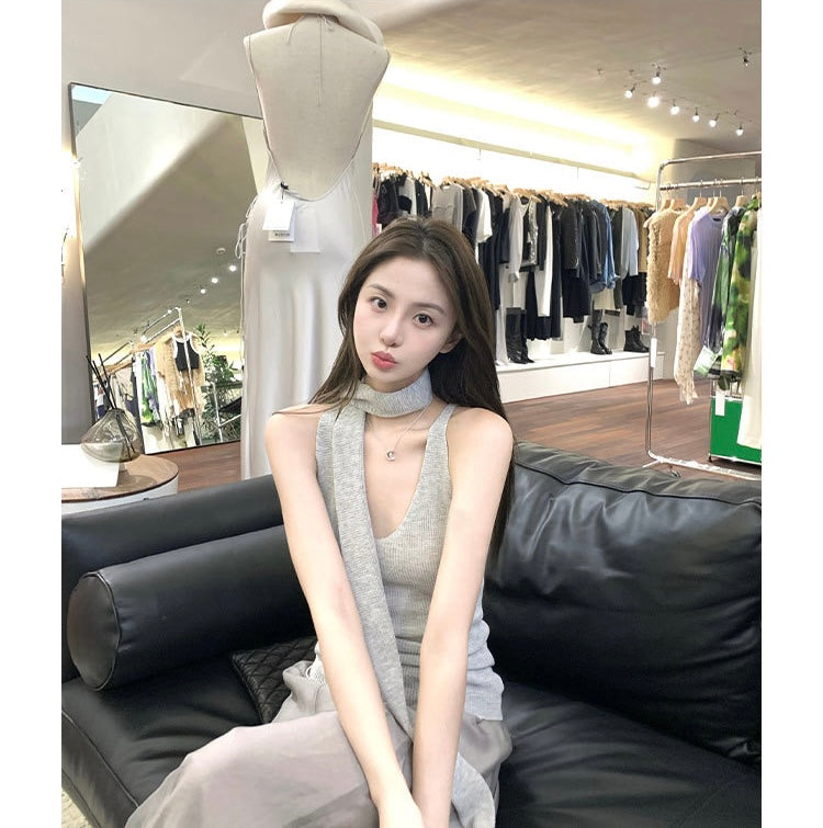 Sat. 翩翩氣質天絲半身裙 清冷御姐v領飄帶針織背心