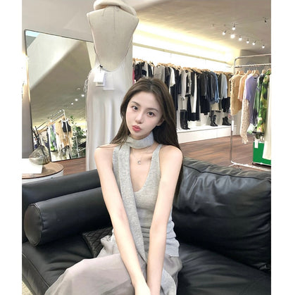 Sat. 翩翩氣質天絲半身裙 清冷御姐v領飄帶針織背心